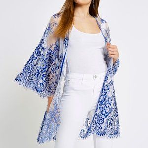 LF Stores Silky Blue & White Kimono With Lace Trim